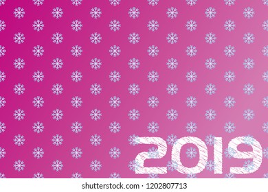 White snowflakes on a pink background. Text 2019 new year. Vector image. Texture.