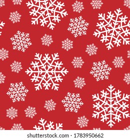 White snowflakes on red background seamless pattern. Vector Christmas snowflakes pattern. Flat vector Illustration. Simple Christmas design for web and print