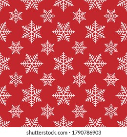 White snowflakes on red background seamless pattern. Vector Christmas polka dot snowflakes pattern. Flat vector Illustration. Simple Christmas design for web and print
