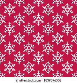 White Snowflakes On Red Background Seamless Pattern. Vector Christmas Polka Dot Snowflakes Pattern. Flat Vector Illustration. Simple Christmas Design For Web And Print