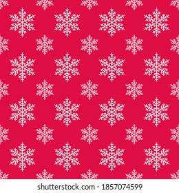 Weiße Schneeflocken auf rotem Hintergrund, nahtloses Muster. Weihnachtspolka Punkt Schneeflocken Muster. Flache Vektorgrafik. Einfaches, weihnachtliches lineares Design für Web und Druck