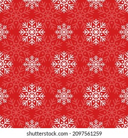 White snowflakes on a red background. Festive Christmas background. Print for New Year textiles, wrapping paper, decorative pillows. Vector.