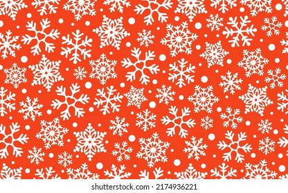 White Snowflakes on Red background. Vector Seamless Pattern for Continuous replicate. Christmas falling Snowflake on Red backdrop. Concept of winter holiday.	