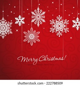 White snowflakes on red background. Christmas vector card