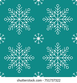 White snowflakes on teal background symmetrical seamless pattern