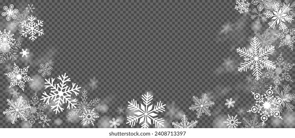 White snowflakes on transparent background. Snow blizzard vector illustration