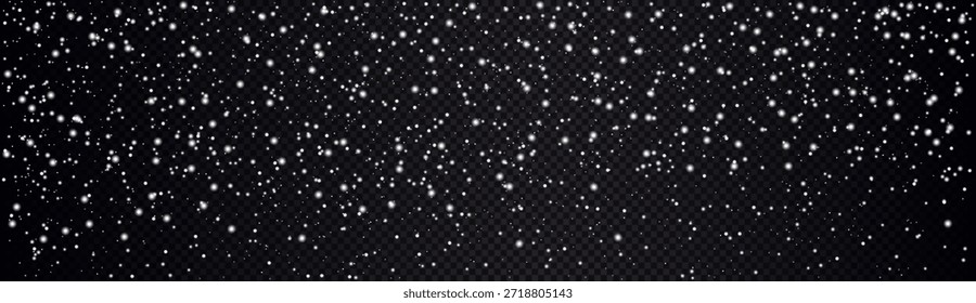 White snowflakes on transparent background. Glittering particles for winter designs. Realistic bokeh effect overlay.