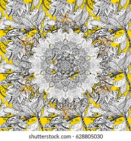 White snowflakes on yellow background. Symbol holiday, New Year celebration vector white pattern with white elements. Winter snow texture wallpaper. Christmas gray snowflake pattern.
