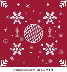 White Snowflakes and ornamented bauble Seamless Pattern on red background for Christmas and New Year. texture clothing scarf decoration
