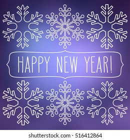 White snowflakes over blue square abstract smooth blur background with hand written new year greetings in a frame.