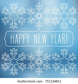 White snowflakes over blue square abstract smooth blur background with hand written new year greetings in a frame.