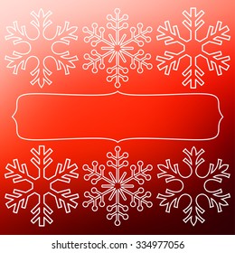 White snowflakes over red square abstract smooth blur background with empty frame for your text.