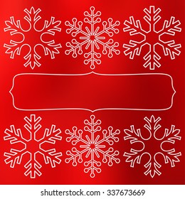 White snowflakes over red square abstract smooth blur background with empty frame for your text.