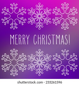 White snowflakes over square abstract smooth blur background with hand written Christmas greetings.