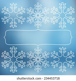 White snowflakes over square abstract smooth blur background with empty frame for your text.