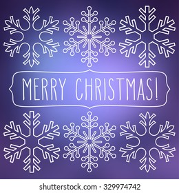 White snowflakes over square abstract smooth blur background with hand Christmas greetings in a frame.