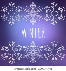 White snowflakes over square abstract smooth blur background with hand word 'Winter'.