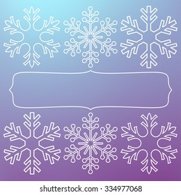 White snowflakes over square abstract smooth blur background with empty frame for your text.