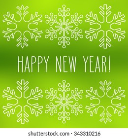 White snowflakes over square abstract smooth blur background with hand written New Year greetings.