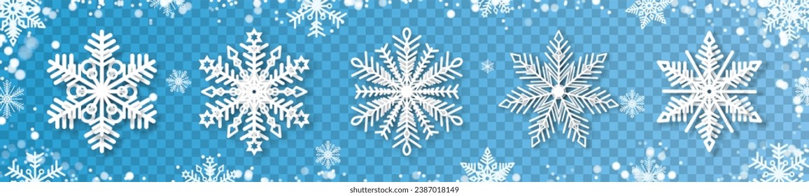 Weiße Schneeflocken mit Papiereffekt auf blauem Hintergrund für Winterdesign. Eine Reihe von fünf Schneeflocken. Ein Symbol von Weihnachten und Neujahr. Vektor EPS10.