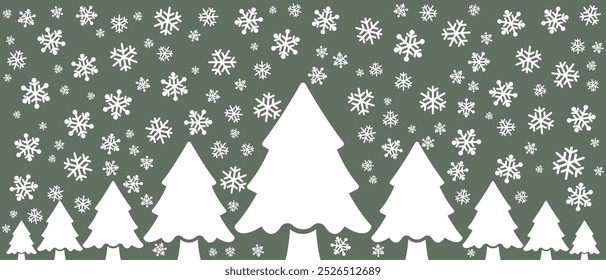 white snowflakes and pine tree green vector background