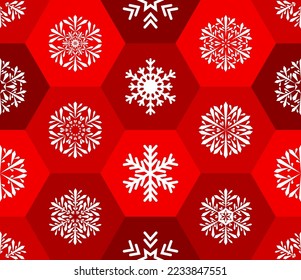 white snowflakes at red hexagons. retro style repetitive background. winter illustration. vector seamless pattern. fabric swatch. wrapping paper. design template for greeting card, invitation, decor