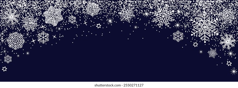 White snowflakes seamless border . Falling snowflakes .Christmas decoration with a white falling snow . Winter snowflakes background.