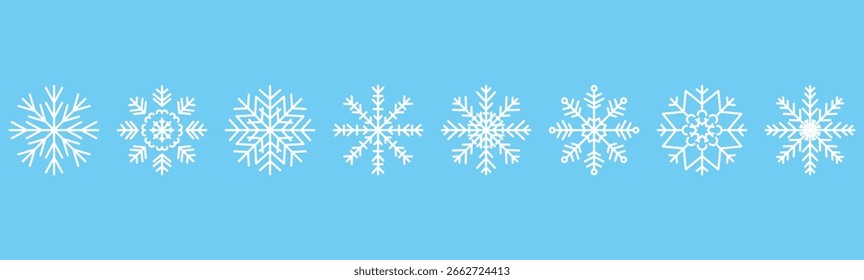 Borde sin costuras de copos de nieve blancos. Conjunto de iconos de nieve minimalistas geométricos. Símbolo de Clima de invierno sobre fondo azul para impresión de Web de Anuncio
