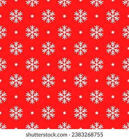 White snowflakes seamless pattern isolated on bright red background. Suitable for design, textile, wrapping paper, covers etc. EPS 10 vector illustration.