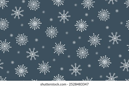 White snowflakes seamless pattern navy blue background vector illustration. Winter snowornament design for holidays decoration, banner, textile, fabric. Good for wrapping paper and packaging.