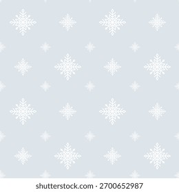White snowflakes seamless pattern on pale gray background. Elegant minimal winter design for Christmas wrapping and decor. Vector illustration.