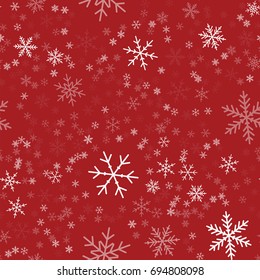White snowflakes seamless pattern on red Christmas background.
