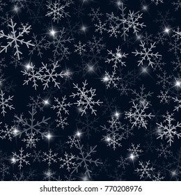 White snowflakes seamless pattern on black Christmas background.