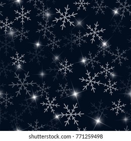 White snowflakes seamless pattern on black Christmas background.