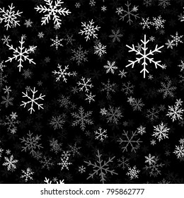 White snowflakes seamless pattern on black Christmas background.