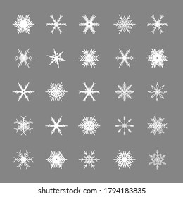 Weiße Schneeflocken einzeln auf grauem Hintergrund. Schneeelemente für Happy New Year und Frohe Weihnachtsfeiertage Grußkartendekoration. Schöne und einfache Design, Vektorgrafik.