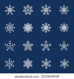 Copos de nieve blancos aislados sobre fondo azul. Ornamento de la nieve del patrón del invierno. Escarcha. Icono de Navidades. Ilustración vectorial. Trazo editable