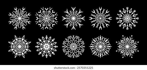 White snowflakes set on black. Elegant winter snowflakes are perfect for adding wintery, festive touch to holiday projects, seasonal designs, and digital artworks. For Christmas, for New Year 2026.