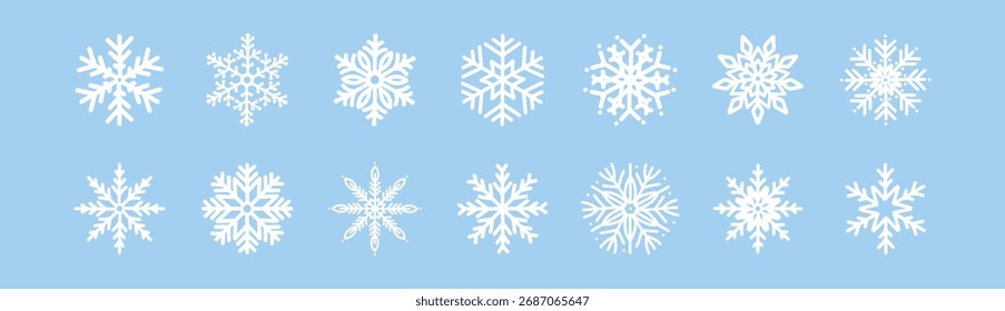 Weiße Schneeflocken auf blauem Hintergrund. Winterferiendekoration für Weihnachten und Neujahr. Festliche frostige Elemente im minimalistischen, flachen Vektorstil. Isolierte saisonale Symbole, Illustration.