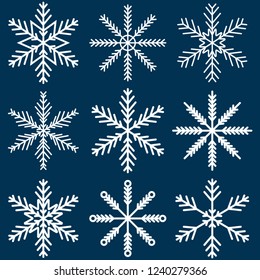 White snowflakes set on dark blue background, vector illustration.
