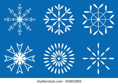 white snowflakes set vector sign isolated on blue background