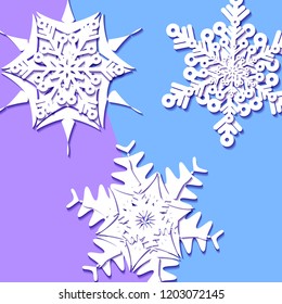 White snowflakes with shadow on blue background. Paper cut. Vector winter illustration for decorating for the new year and Christmas.