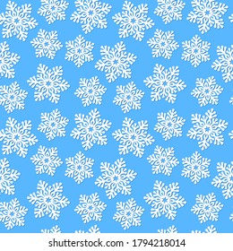 White snowflakes with shadow on a blue background. Vector seamless pattern for festive design, Christmas wallpaper, banner, packaging, wrapper, wrapping paper, printing on fabric, textile and clothes
