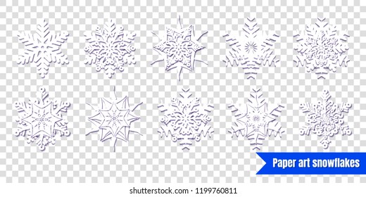 White snowflakes with shadow on transparent background. Paper cut. Vector illustration. Winter set for decorating for the new year and Christmas.