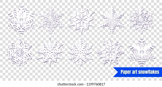 White snowflakes with shadow on transparent background. Paper cut. Vector illustration. Winter set for decorating for the new year and Christmas.
