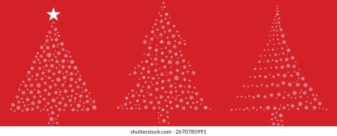 White snowflakes in the shape of a Christmas tree set on red background. Christmas tree made from snowflakes. Merry Christmas and Happy New Year Set of greeting cards, posters, holiday covers