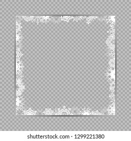 White Snowflakes Square Frame Template. Vector Winter Holiday Ice Ornament. Photo Empty Celebration Border. Eps10