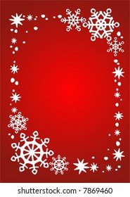 White snowflakes and stars on a red background. Christmas illustration.