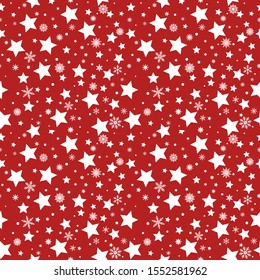 White snowflakes and stars seamless pattern on a red background, christmas holiday background, vector illustration for scrapbooking, card making, poster design, brochure