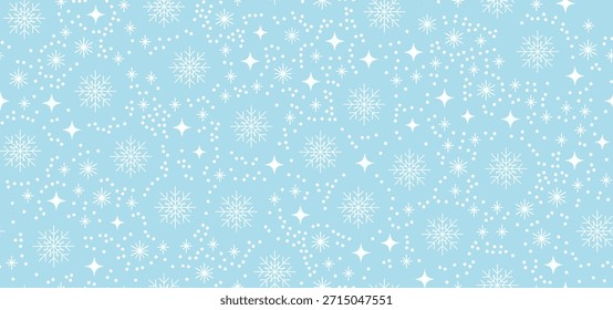 White snowflakes and stars seamless pattern on blue. Simple winter background falling snow dots. Festive texture suits Christmas wrapping paper and textile design.